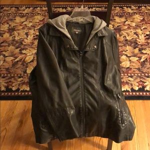 Faux leather jacket with Knit Hood